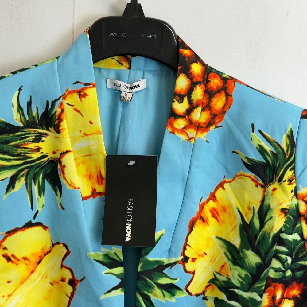 Fashion Nova Sweet And Sour Blazer Blue‎ Pineapple Tropical Print Jacket Size S - Picture 2 of 9